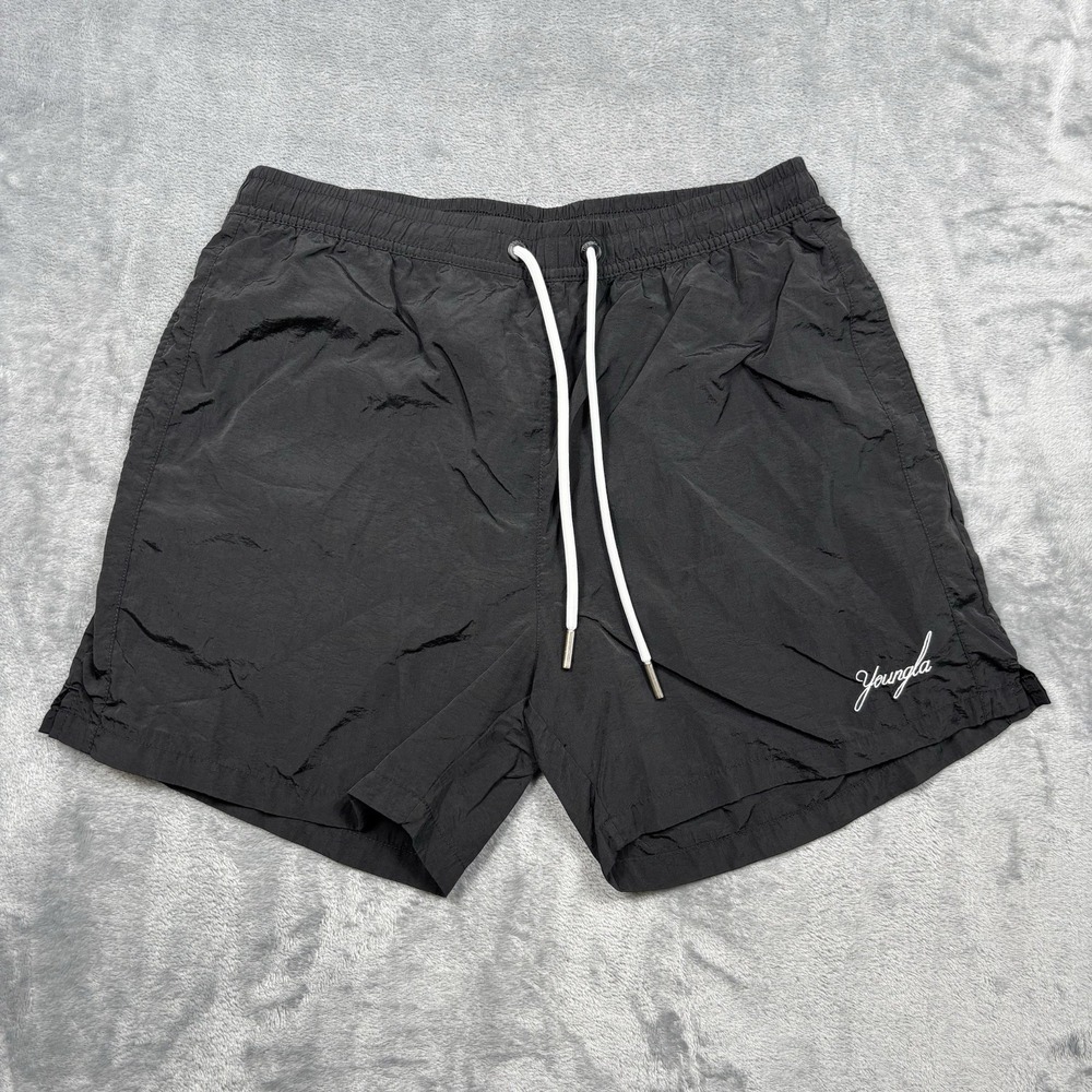 Young LA Crinkle Shorts Black Men's Large YLA2936 Workout Gym 4" Inseam NWOT